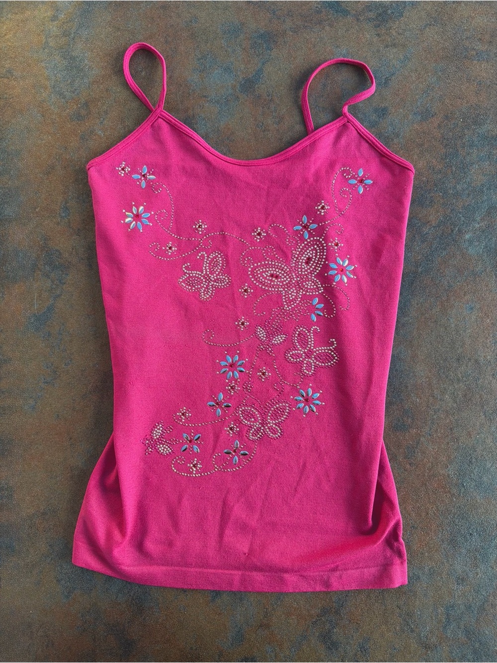 Vintage Deadstock Y2K-Core Rhinestone Butterfly Design Cami Tank Top in Hot Pink